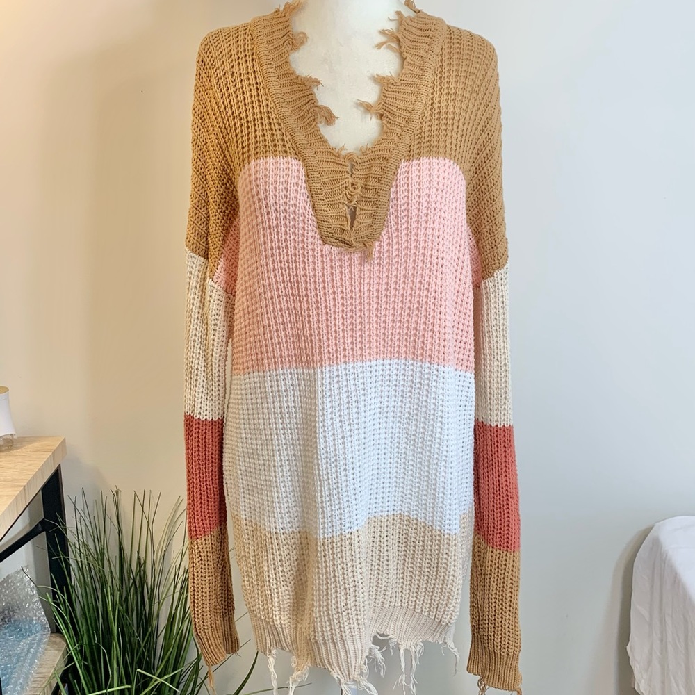 Women’s size L long distressed multicolored knit sweater brown pink white tan